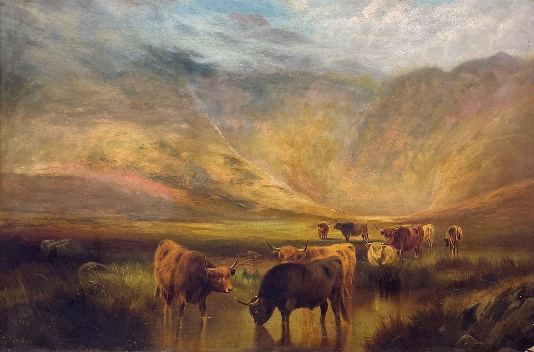 William Perring Hollyer (British 1834-1922): Cattle Watering in the Highlands, oil on canvas signed 60cm x 90cm