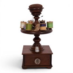 Victorian mahogany bobbin stand, together with pin wheel pin cushion, hat pins other sewin...