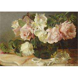 Walter George Sanders (fl. 1882-1892): Still Life of White and Pale Pink Roses, oil on woo...