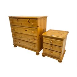 Pine four drawer chest (W87cm H85cm); and a pine three drawer bedside cabinet (W45cm H55cm)
