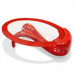 Italian post-modern design coffee table, oval glazed top with red banding over a shaped base of female form