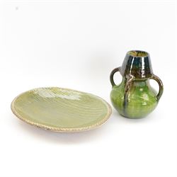 Studio pottery tyg vase, in blue and green glaze, together with John Solly oval dish, tyg H27cm