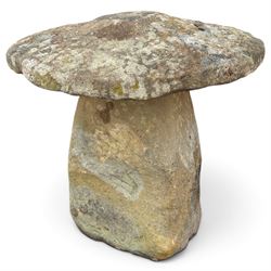 Pair of 19th century weathered hewn sandstone two-piece staddle stones, domed circular top over a tapering base