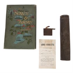 Boer war; Huntley & Palmers biscuit tin, used as a telescope holder, POW snake in a box marked Boer Camp Ceylon 1901, Boer War  leaflet, together with two volumes of Navy and Army Illustrated   