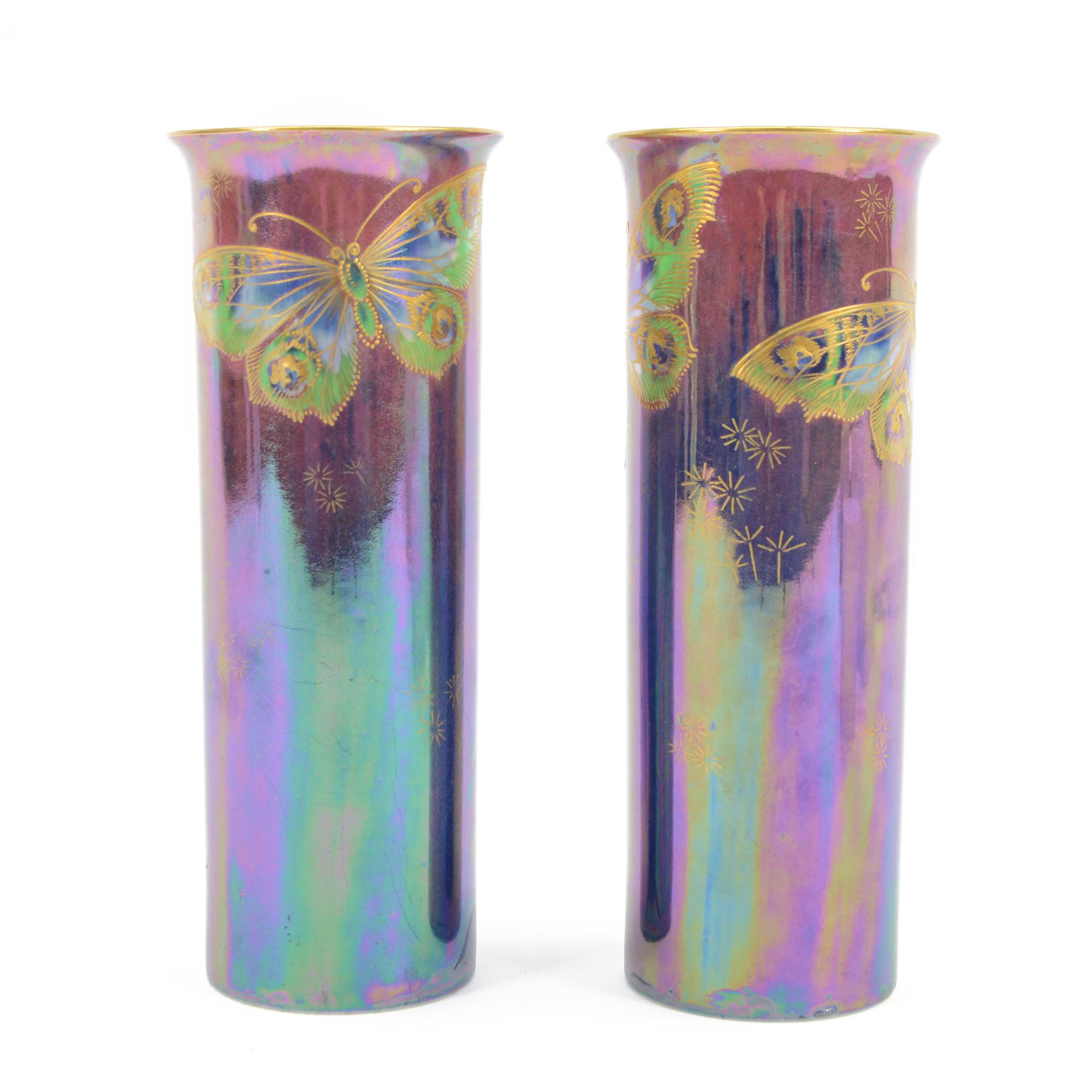Pair of Walter Slater for Shelley lustre vases of cylindrical form decorated with the Rich Butterfly pattern, H21cm