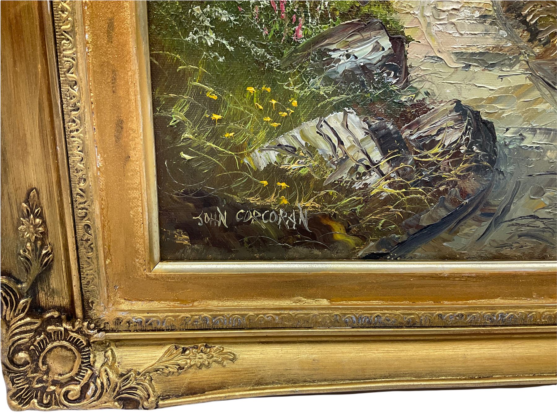 John Corcoran (British 1942-): Cottage in a Woodland Landscape, oil on canvas signed 60cm x 90cm