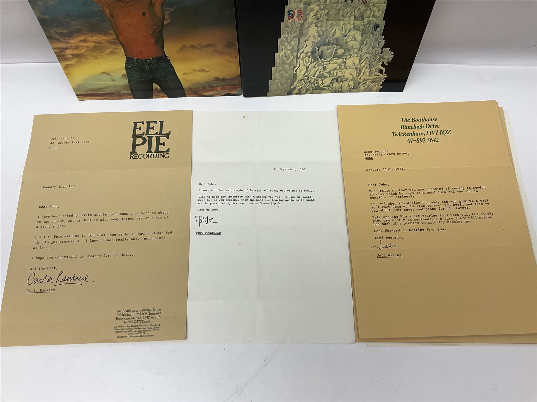 Pete Townshend 'The Who' - archive of correspondence with John Bycroft of Hull acknowledging receipt of various song lyrics sent by him to Townshend 1977 - 1982; comprising eighteen letters on varying letter heads including personalised; embossed; The Boathouse Ranelagh Drive Twickenham; No.2 The Embankment Twickenham; and Eel Pie Music; there are two undated manuscript letters signed Pete; and sixteen typed letters either signed Pete Townshend (3), Pete (4), Judi (Waring), Lin (Gibson) or Carla Rankine; together with The Story of Tommy by Richard Barnes and Pete Townshend and two other books on The Who.