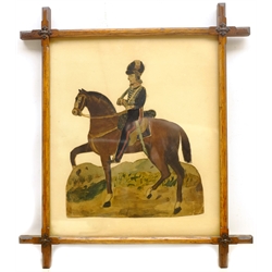  English Primitive School (19th century): Portrait of Horse and Rider, cut-out watercolour in cruciform oak frame 33cm x 28cm  