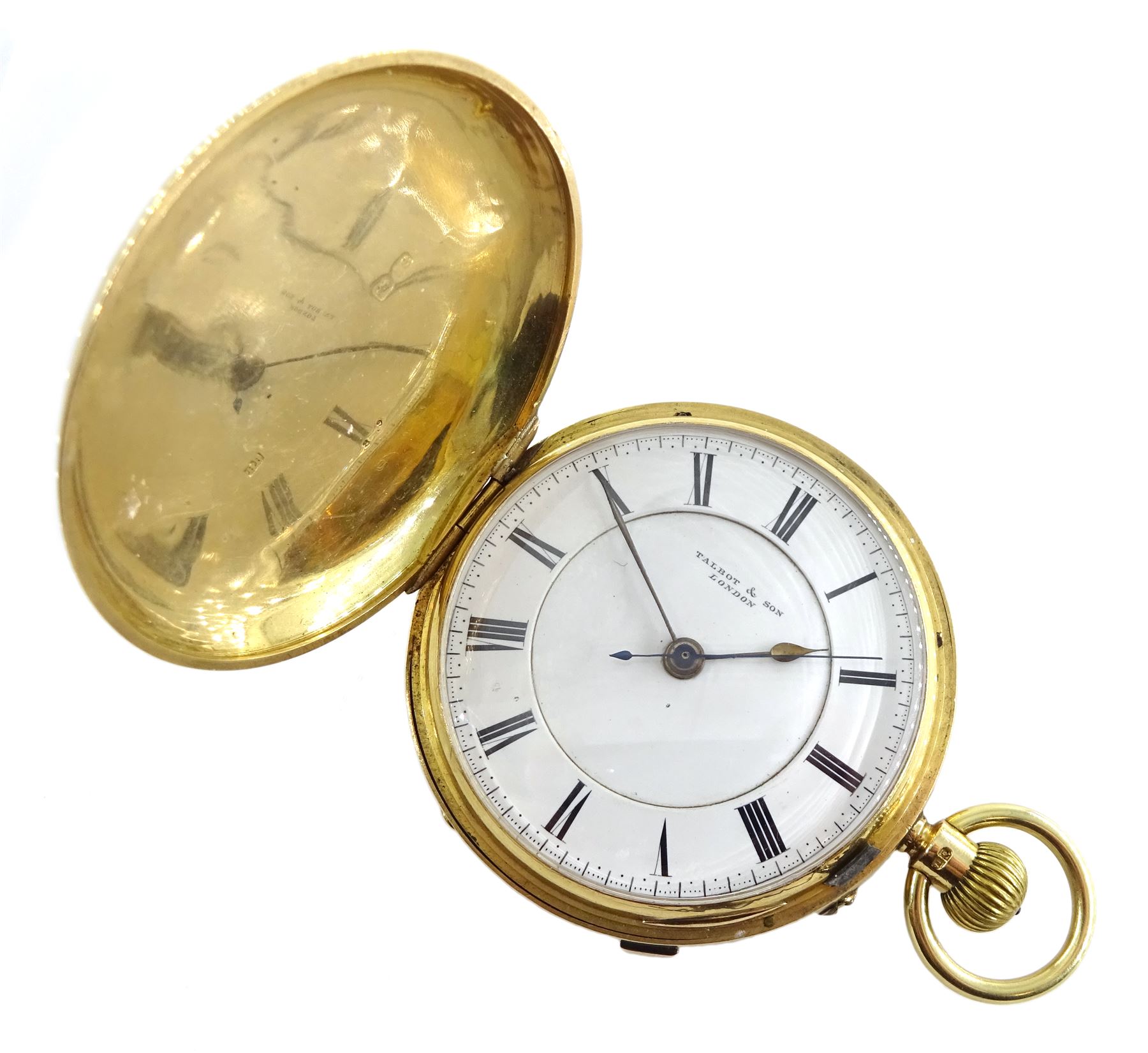 Edwardian 18ct gold full hunter, keyless chronograph pocket watch by Talbot & Son, London, No. 17889, the movement inscribed 'Talbot & Son Chronometer Makers', white enamel dial with Roman numerals, case makers mark B B, Chester 1904