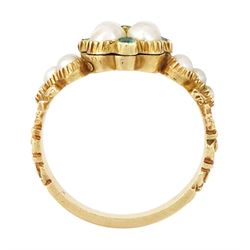 19th / early 20th century 18ct gold emerald and pearl flower head cluster ring, with pearl set shoulders and engraved foliate shank