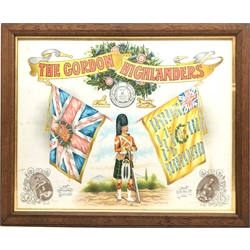  19th century Gordon Highlanders chromolithograph showing flags with Battle Honours to 1900, CinC HRH Geo.V  badge and crests, in oak frame, 49cm x 62cm  