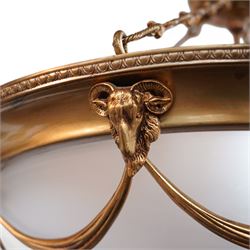 Late 20th century gilt metal ceiling light, circular form decorated with rams heads and swags, frosted glass bowl with bevelled decoration (D51cm); together with another late 20th century gilt metal ceiling ight, decorated with ribbons and rams heads with laurel swags, moulded glass bowl (D32cm)