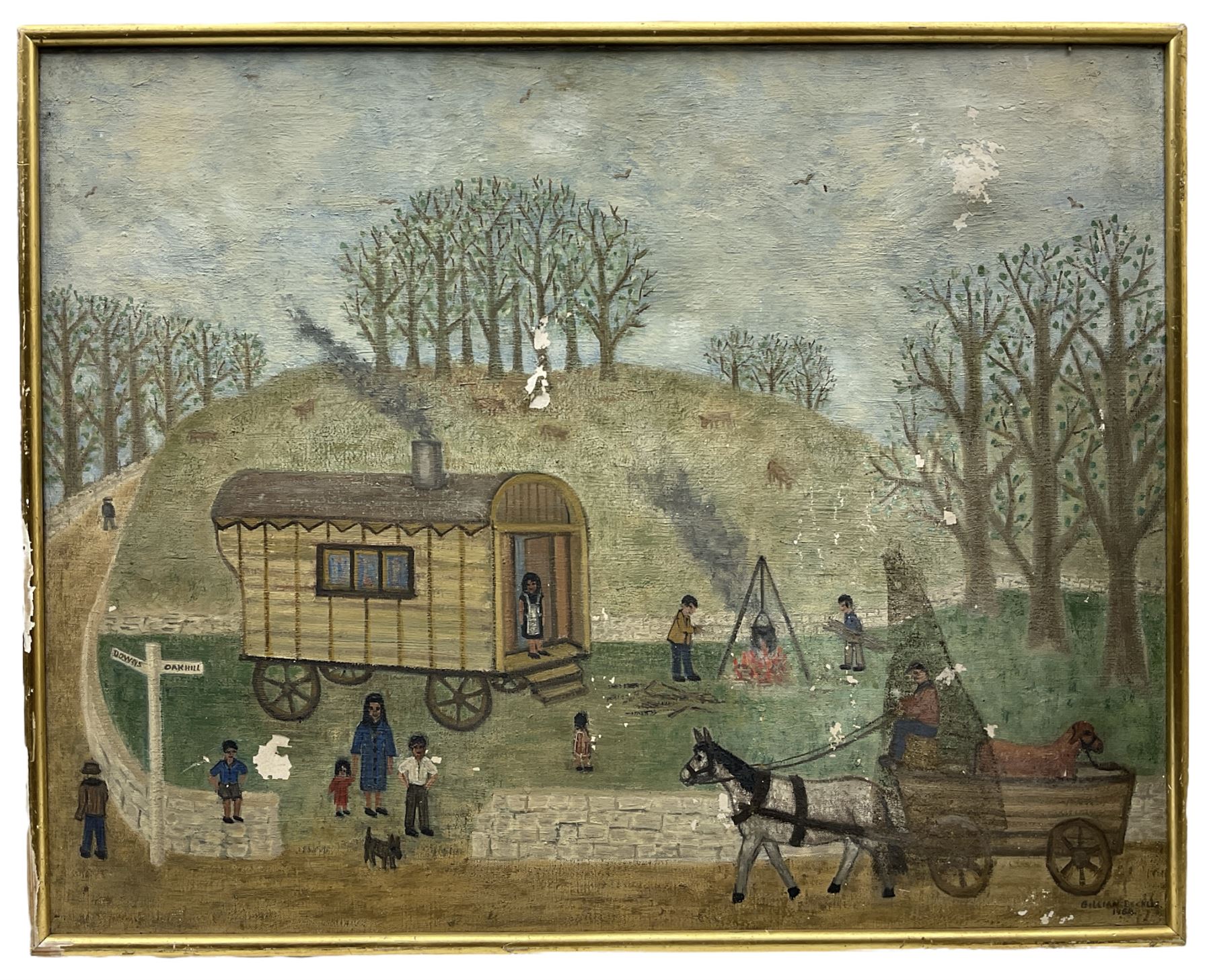 Gillian Beckles (Naive British School 1918-2016): 'Gypsy Camp', oil on canvas signed and dated 55cm x 70cm