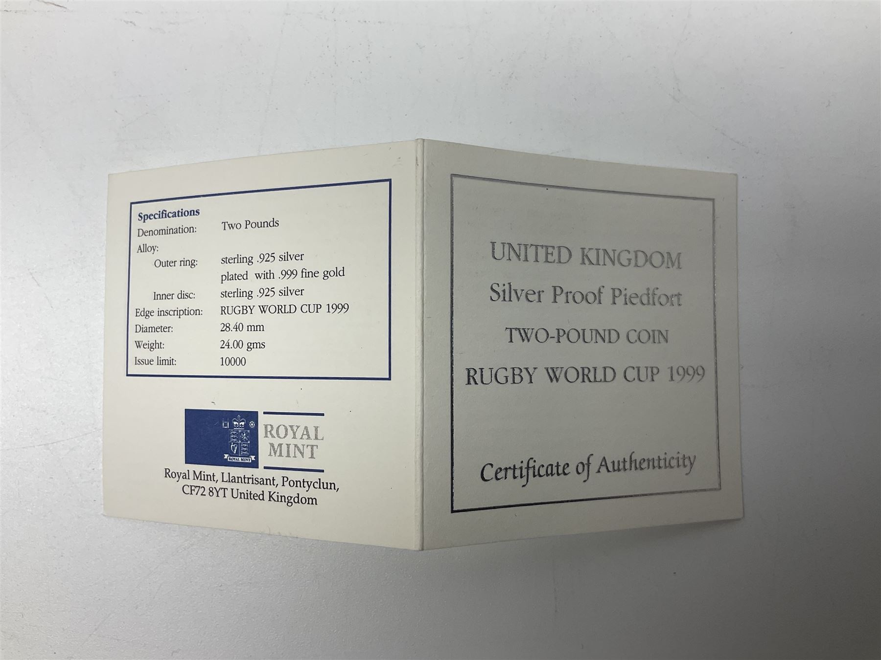 The Royal Mint United Kingdom 1999 'Rugby World Cup' holographic silver proof piedfort two pound coin, cased with certificate