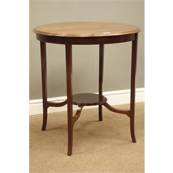  Edwardian mahogany centre table, circular moulded top with undertier, tapering splayed supports, D69cm, H73cm  