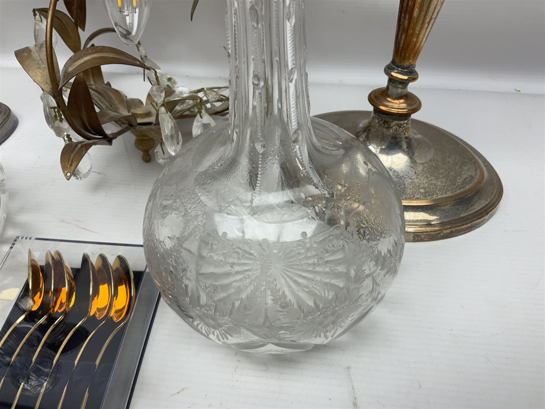 Two silver plate candelabras, together with two glass decanters, necklace and other collectables 
