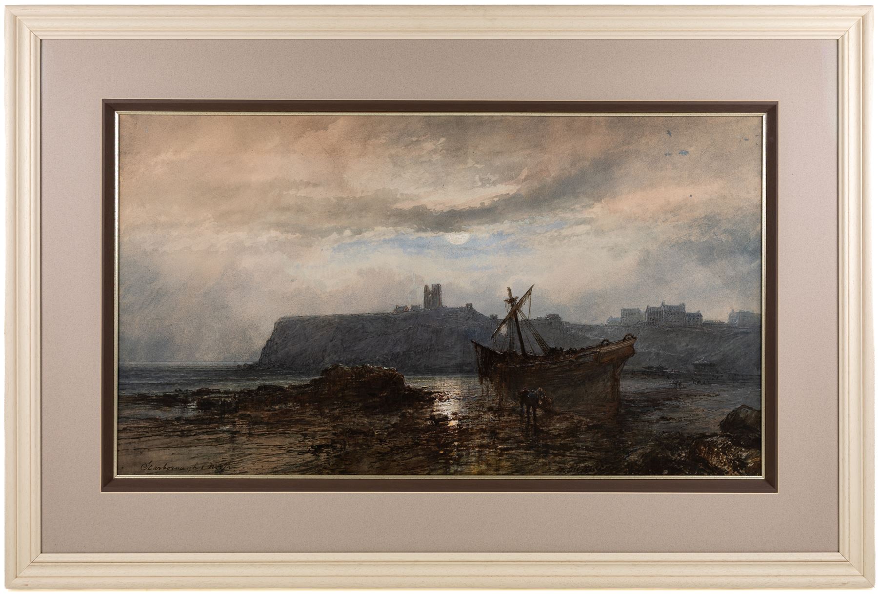Paul Marny (French/British 1829-1914): 'Scarborough North' Bay by Moonlight, watercolour signed and titled, original artist's studio exhibition label verso titled and dated 7th February 1881, 49cm x 89cm 
Provenance: this stunningly moody watercolour, undoubtedly one of the best of the artist's works to have appeared at auction in recent times, has remained in the same family ownership since it was bought at 'The Jack Chenery Briggs Collection' 22nd April 1999 Lot 18; a copy of the original catalogue is included with the lot.