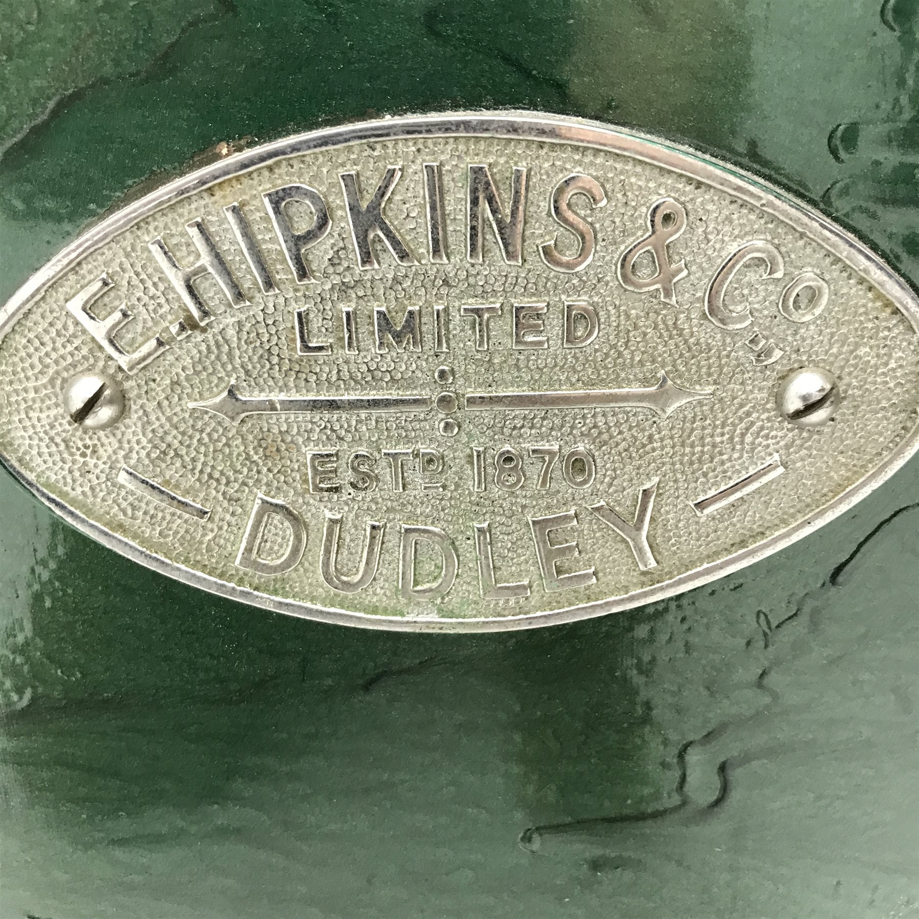 Victorian E.Hipkins & Co Dudley' cast iron safe, single hinged door enclosing drawer, green painted finish (W47cm, H67cm, D48cm) with key