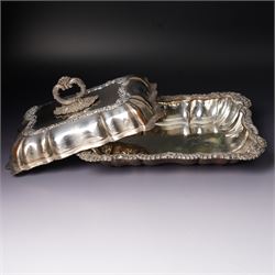 Pair 19th century silver plated entree dishes and covers with gadrooned and shell moulded borders and loop handles engraved with a crest and another similar