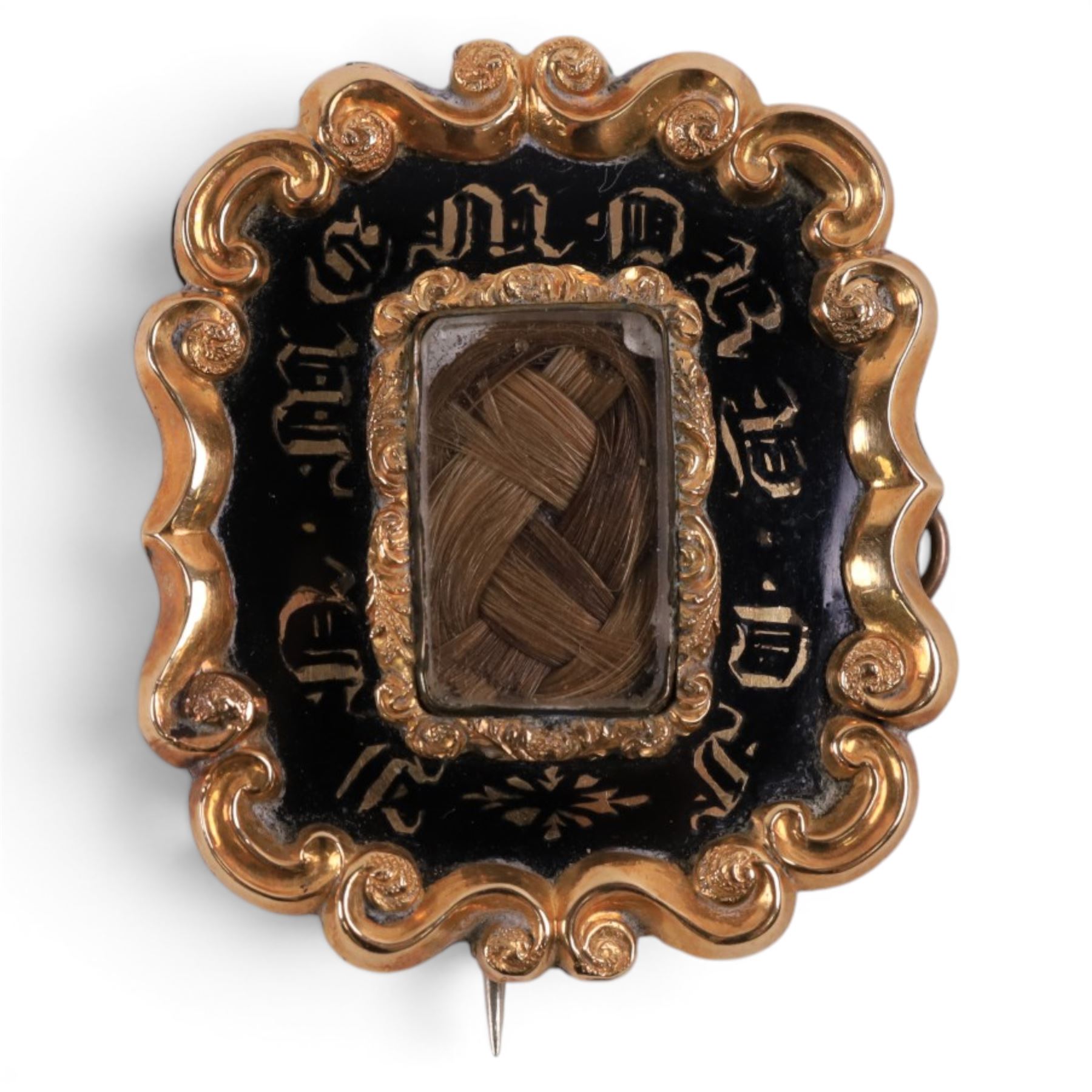 Victorian 9ct gold hairwork mourning brooch and a 9ct gold stone set brooch