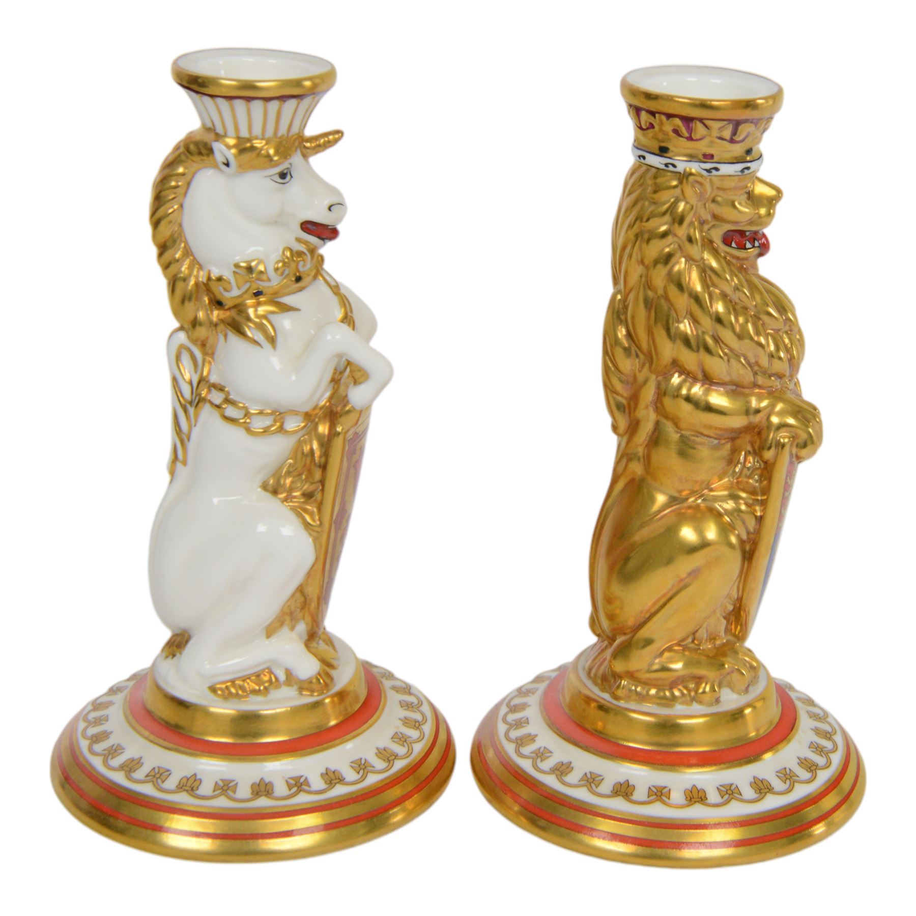 Pair of Minton Mulberry Hall , Queens Beasts silver jubilee commemorative candlesticks, with certificate 180/250, H16cm