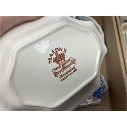 Masons Ironstone ceramics, including Ascot pattern jug, charger and oval plates, two tea jars, Manchu pattern fruit bowl, Fruit Basket pattern fruit bowl, etc, in three boxes