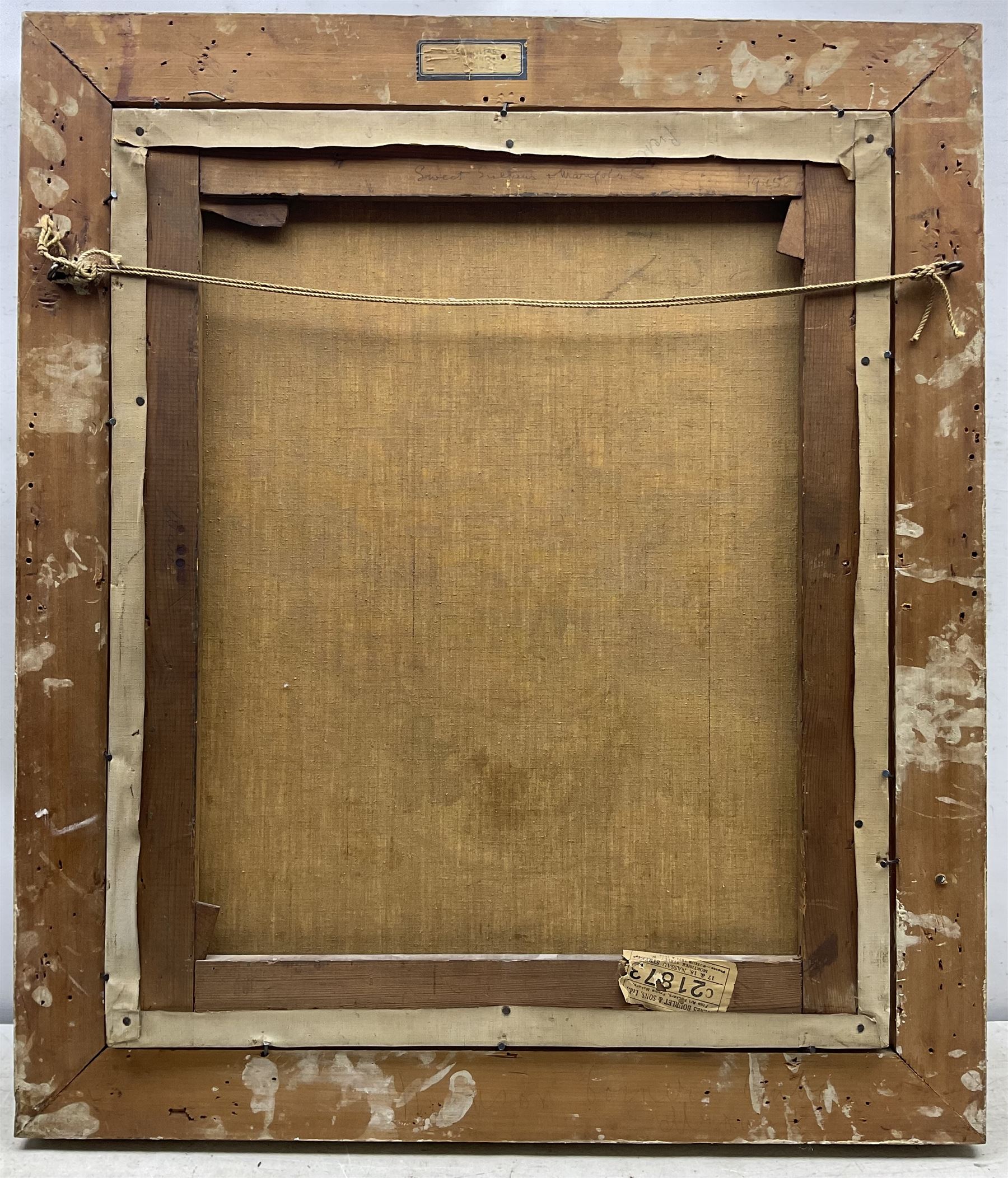 James Bolivar Manson (British 1879-1945): 'Sweet Sultans and Marigolds', oil on canvas unsigned, titled and dated 1945 in the artist's hand on label and on the stretcher verso, with James Bourlet & Sons label, 60cm x 50cm 
Notes: this is probably the artist's 1945 Royal Academy exhibit no.601, then titled 'Cornflowers and Marigolds' (sweet sultans being a variety of cornflower). The same jug depicted in the present picture can be seen in Manson's 1940 Royal Academy exhibit no.262 'Tulips and Daffodils'. The blue title label appears on a number of Manson's paintings.