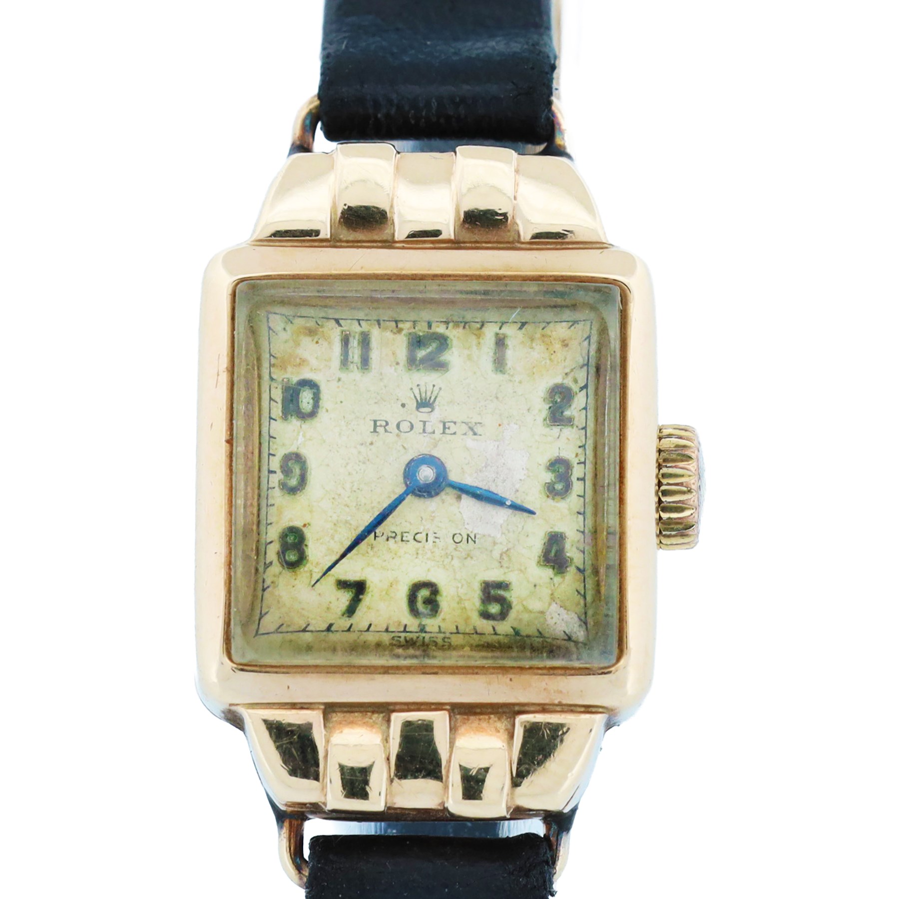 Rolex Precision ladies 9ct gold manual wind wristwatch, case No. 297900, silvered dial with Arabic hour markers, Chester 1955, on black leather strap