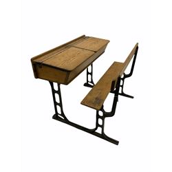 Early 20th century school desk, pine and cast iron, two sectional with hinged lids, the irons marked ‘Addision Ltd.’