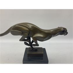 Stylised bronze figure of a running cheetah, with foundry mark, H19cm 