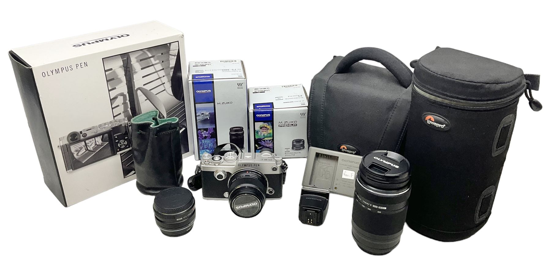 Olympus PEN-F camera body, with 'Olympus M- Zuiko Digital 25mm 1: 1.8' lens,  'Olympus M- Zuiko Digital 75-300mm 1: 4.8 - 6.7' lens and  'Olympus M- Zuiko Digital 17mm 1: 1.8' lens, with original box, together with Lowepro camera bag