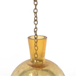 Two gold coloured glass witches ball, one with bottle neck, the other with metal hanging pendant, largest D18cm