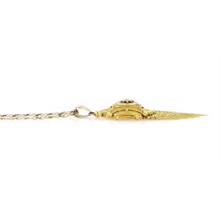 Victorian 18ct gold tassel pendant, applied star set with a single seed pearl and blue enamel surround, within a fancy bead and wirework frame, on a 10ct gold fancy chain link necklace