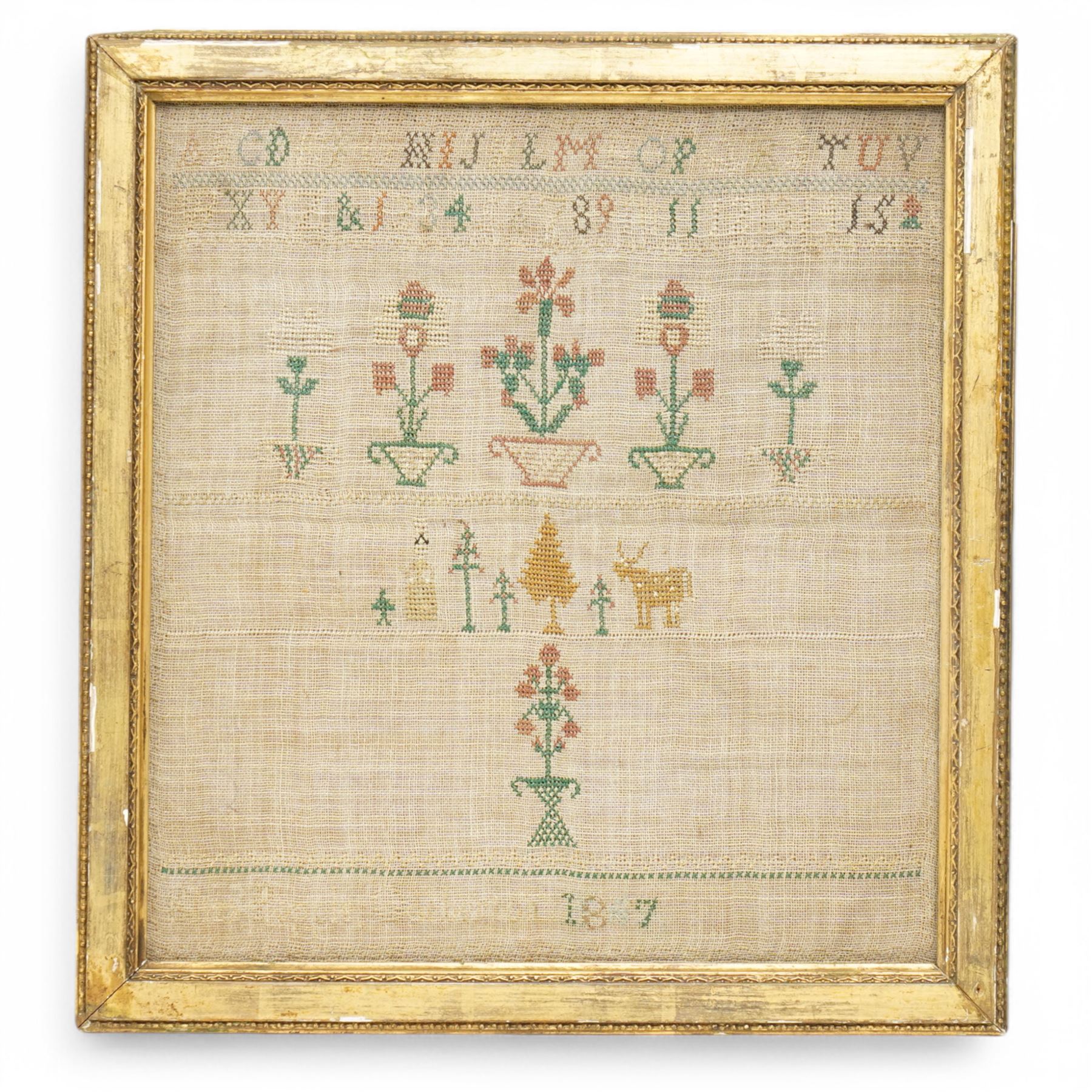 Early 19th century alphabet sampler by Sarah Beetham, with verse 'Sarah Beetham worked thif sampler in the 9 year of her age', together with two other early samplers, one by Eliza Popple of Gosberton, dated c. 1847, worked with alphabet, foliate and deer motifs, largest 32cm x 29cm (3)