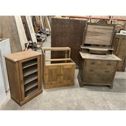 Edwardian oak dressing chest, rectangular swing back over trinket drawers, fitted with three drawers (W92cm D51cm H163cm); 20th century cupboard or bookcase, single door over four shelves (W60cm H36cm H93cm); and cupboard base - THIS LOT IS TO BE COLLECTED BY APPOINTMENT FROM THE OLD BUFFER DEPOT, MELBOURNE PLACE, SOWERBY, THIRSK, YO7 1QY