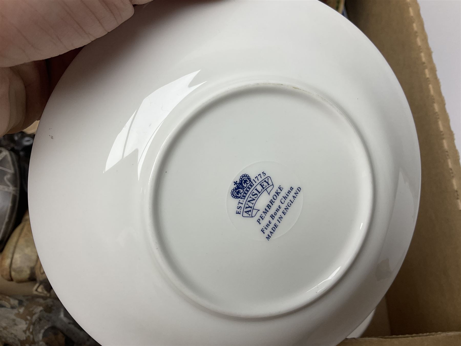 Portmeirion Botanic Garden jug, Poole Pottery planter, Denby coffee pot, Wedgwood Jasperware trinket box, Le Creuset oven dish and a collection of other ceramics, etc, in four boxes 