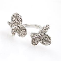 18ct white gold pave set diamond butterfly suite including ring, pair of stud earrings and brooch, all stamped 750