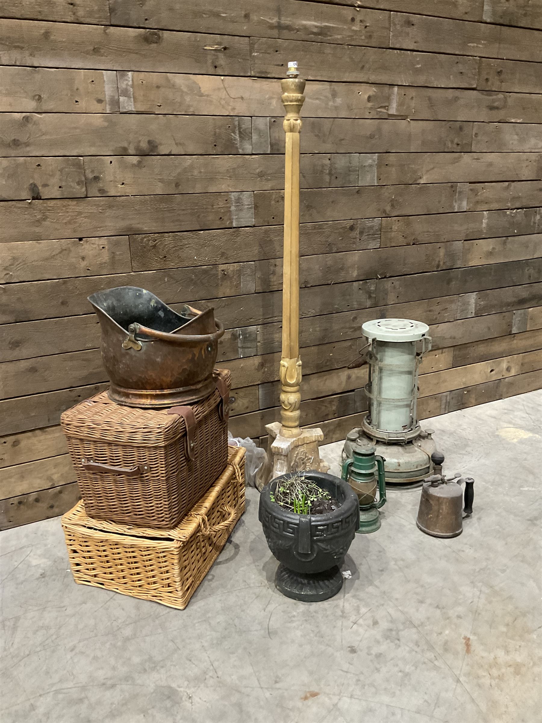 Aladdin paraffin lamp, lamp and burner, coal scuttle, painted standard lamp, stone mortar planter and two wicker baskets