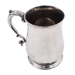 George II silver tankard, of baluster form, with acanthus leaf capped scroll handle engraved with initials, upon stepped circular foot, hallmarked Richard Gurney & Thomas Cook, London 1752 