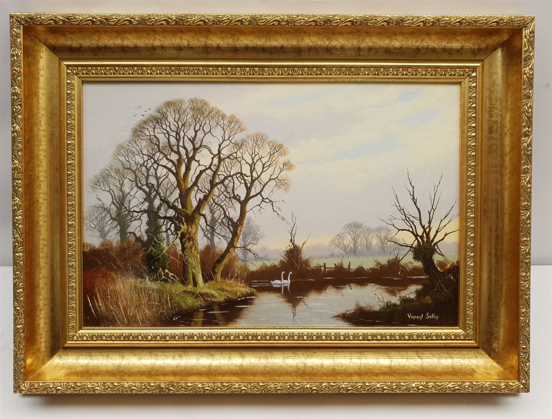 Vincent Selby (British 1919-2004): Swans on the Lake, oil on panel signed 24cm x 36cm