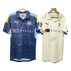 Two signed Yorkshire cricket shirts, to include a Yorkshire Vikings T20 shirt and a Yorkshire County Cricket Club Tattersall shirt 