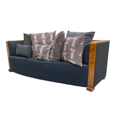 Thörmer Polstermöbel - Art Deco style sofa, of curved tapering form, framed in figured burr elm, upholstered in blue fabric with loose cushions