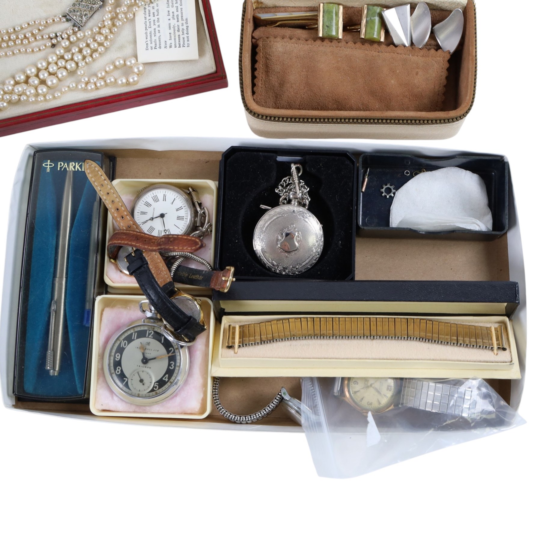 Collection of costume jewellery, including brooches and beaded necklaces, together with wristwatches including Vivela, Accurist and Delma examples, Ingersoll Triumph pocket watch etc