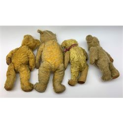 Four English teddy bears 1930s-50s including Chiltern bear with swivel jointed head, vertically stitched nose and mouth and jointed limbs H20