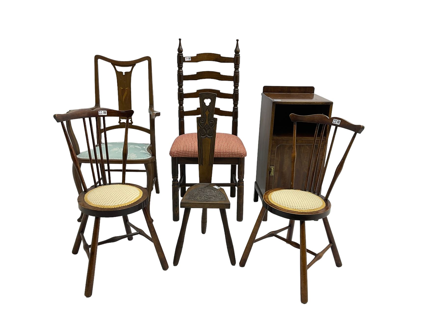 Carved spinning chair, pair beech stick back chairs, Art Nouveau style elbow chair, an oak ladder back chair and a mahogany bedside cabinet (6)
