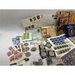 Coins and stamps including Queen Elizabeth II commemorative crowns, 1999 five pound coin, four 1989 two pound coins, mixed World coins including 'pre-Euro' coinage, Queen Elizabeth II mint pre-decimal partial stamp sheets, various other stamps etc