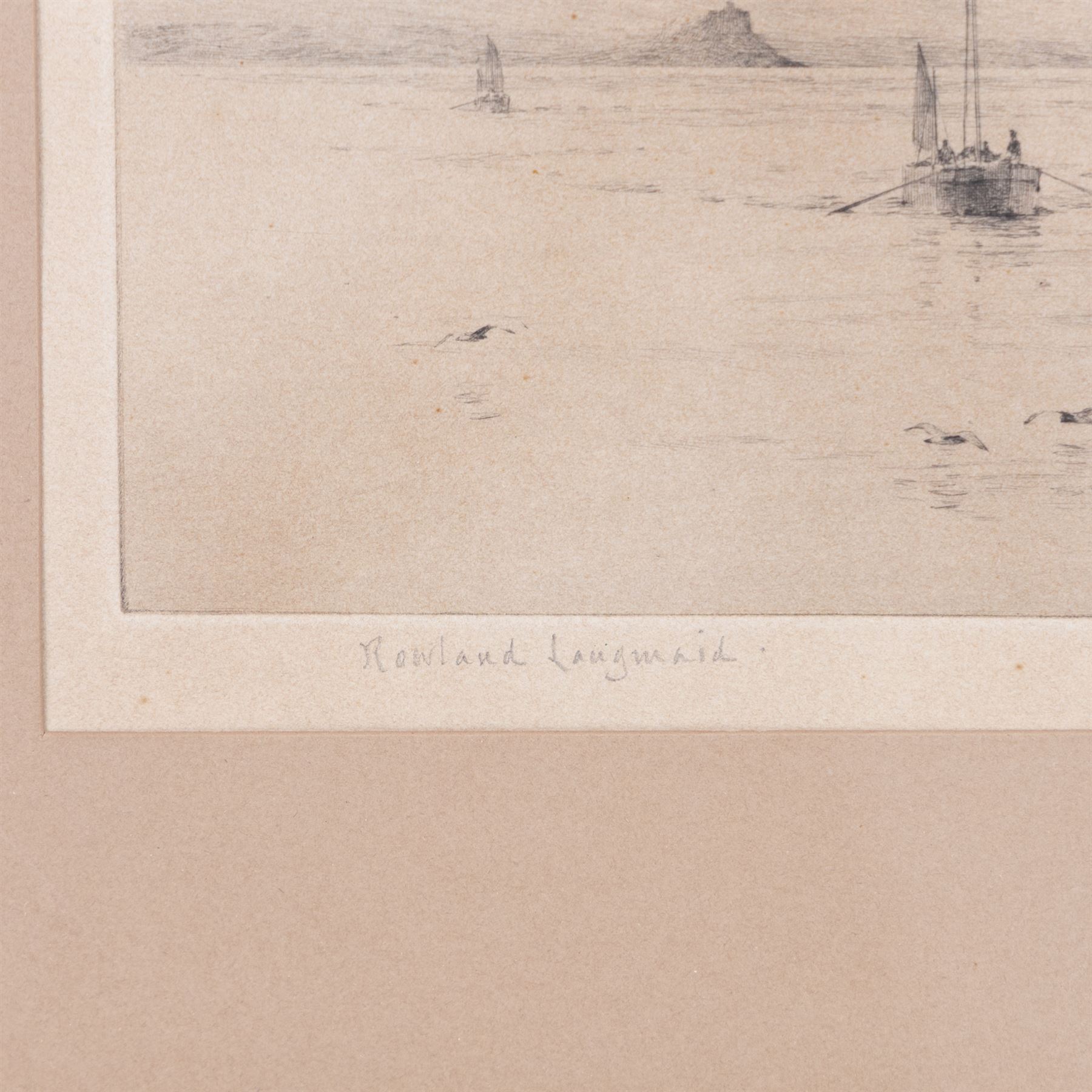 Rowland Langmaid (British 1897-1956): Newlyn and St Michael's Mount, etching signed in pencil 16cm x 30cm; Frank Henry Mason (Staithes Group 1875-1965):  Surrender of the German Fleet, etching 17.5cm x 35cm (2)
Notes: Original signature removed and wrongly attributed.