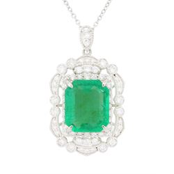 Platinum Colombian emerald and diamond pendant necklace, single octagonal cut emerald of 7...