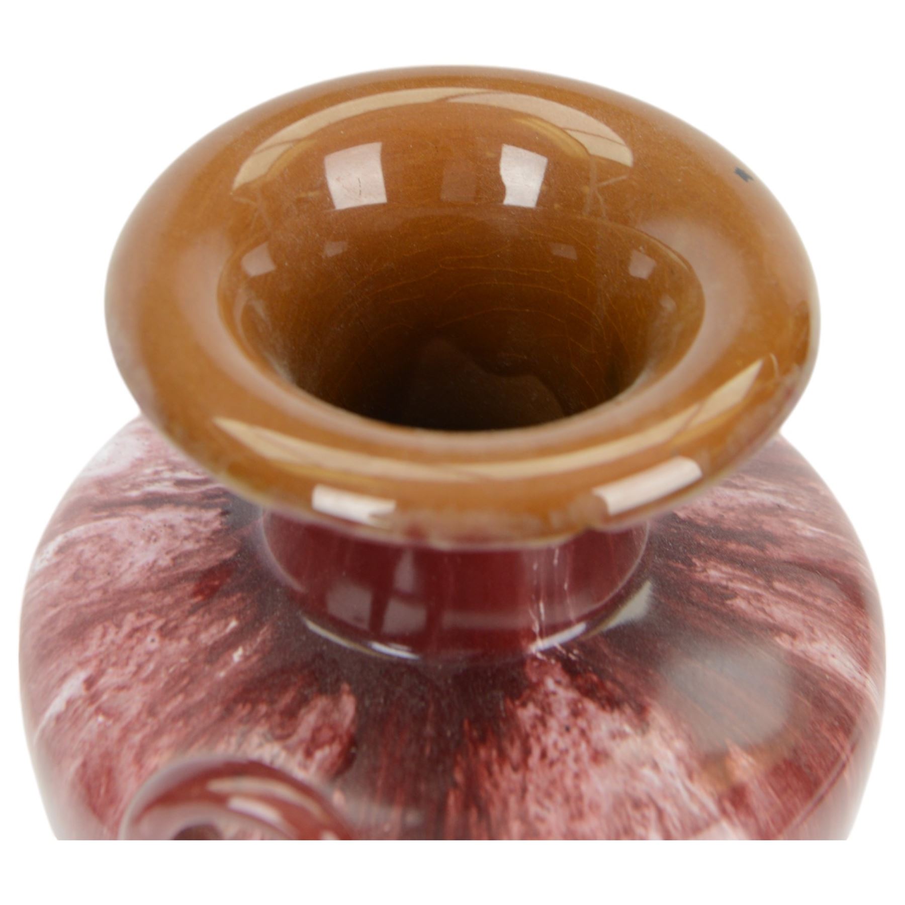 Linthorpe Pottery, pair of twin handled vases, with a purple glaze, H20cm