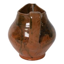 David Garland (b.1941) jug, dark brown glaze with splashes of green and black, signed beneath, H16cm